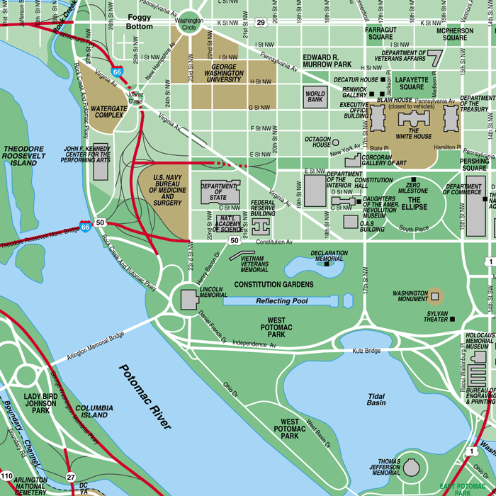 National Mall map, Washington, DC, USA (Western section)